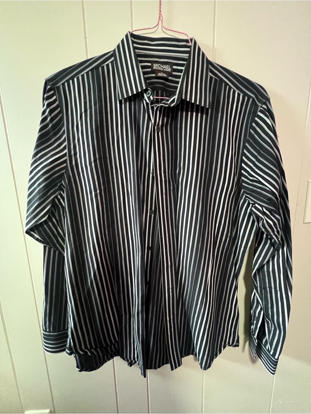 Michael Kors Men’s Black & White Vertical Stripe Button-Up Shirt